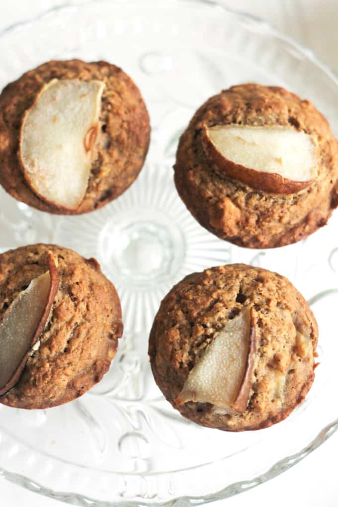 Low Sugar Pear & Ginger Muffins | Raising Sugar Free Kids - a filling, dense, tasty muffin recipe that is perfect served warm on a cold morning. Packed with fibre and low in sugar, these muffins are healthy and delicious, and can easily be made dairy free if you need to!