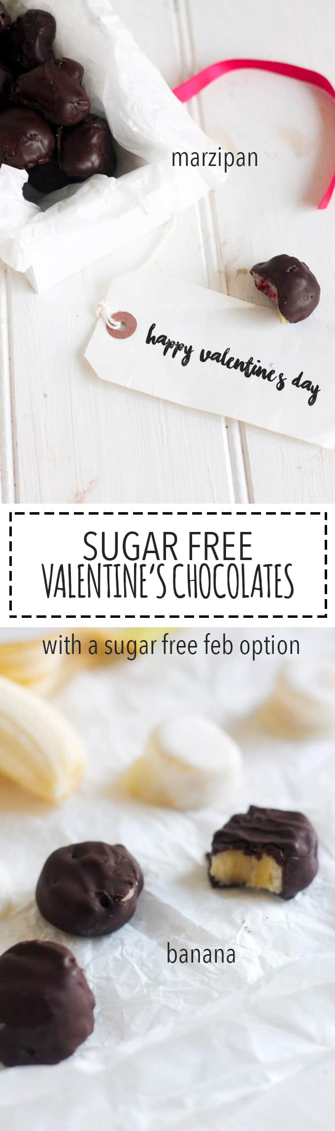 Valentine's Day Sugar Free Chocolates | Raising Sugar Free Kids - includes two versions: marzipan for adults and banana for children, as well as a Sugar Free February option. These chocolates are surprisingly delicious and will disappear quick! A perfect little after dinner treat for Valentine's Day!