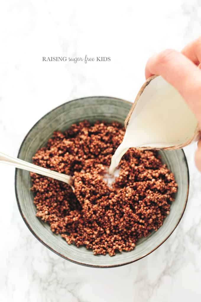 Sugar Free Chocolate Puffed Cereal | Raising Sugar Free Kids - my take on chocolate puffed cereals, this version is sugar free, vegan, gluten free and intensely chocolate-y. It also keeps it's slight crunch, softens when soaked and leaves the milk chocolate-y. YUM!