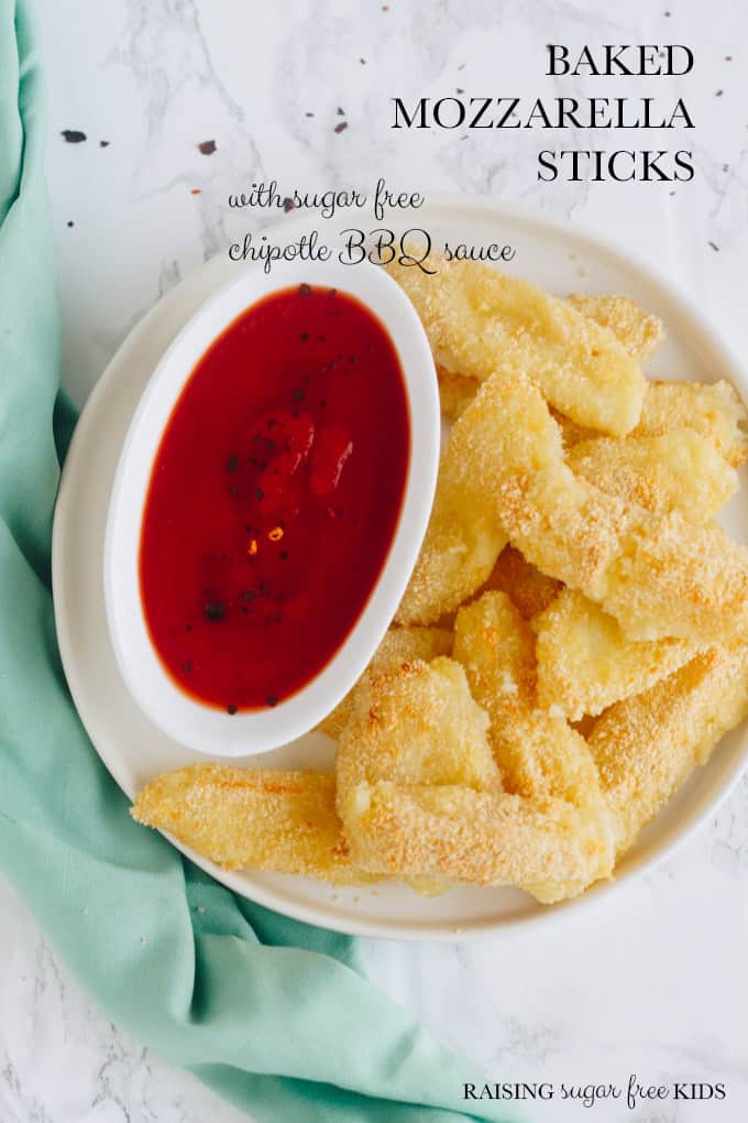 Baked Mozzarella Sticks | Raising Sugar Free Kids - these cheesy snacks are tasty, healthier mozzarella sticks. Alongside a sugar free chipotle BBQ sauce, these are a perfect kid friendly treat that you can have made and ready in no time! #sugarfree