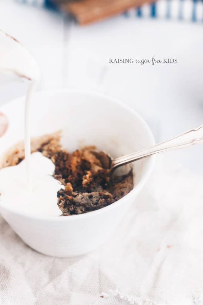 Sugar Free 1-Minute Cookie in a Mug | Raising Sugar Free Kids - an almost-instant cookie recipe that is #vegan, has less than 1g sugar and can be made #glutenfree! It's delicious, foolproof, lazy and cheap. #sugarfree
