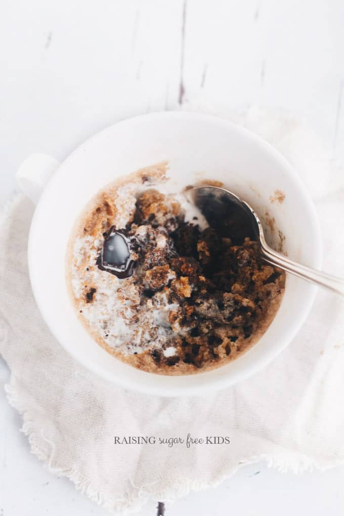 Sugar Free 1-Minute Cookie in a Mug | Raising Sugar Free Kids - an almost-instant cookie recipe that is #vegan, has less than 1g sugar and can be made #glutenfree! It's delicious, foolproof, lazy and cheap. #sugarfree