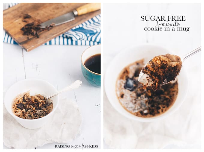 Sugar Free 1-Minute Cookie in a Mug | Raising Sugar Free Kids - an almost-instant cookie recipe that is #vegan, has less than 1g sugar and can be made #glutenfree! It's delicious, foolproof, lazy and cheap. #sugarfree 