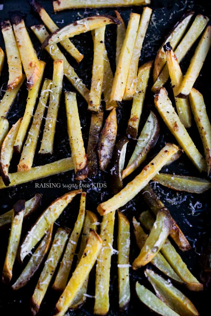 Parmesan-Coated Swede (Rutabaga) Fries | Raising Sugar Free Kids - these fries are naturally sweet, cheesy and delicious! A perfect side dish for pretty much anything, low carb, and with loads more flavour than standard potato fries! #sugarfree #lowcarb 