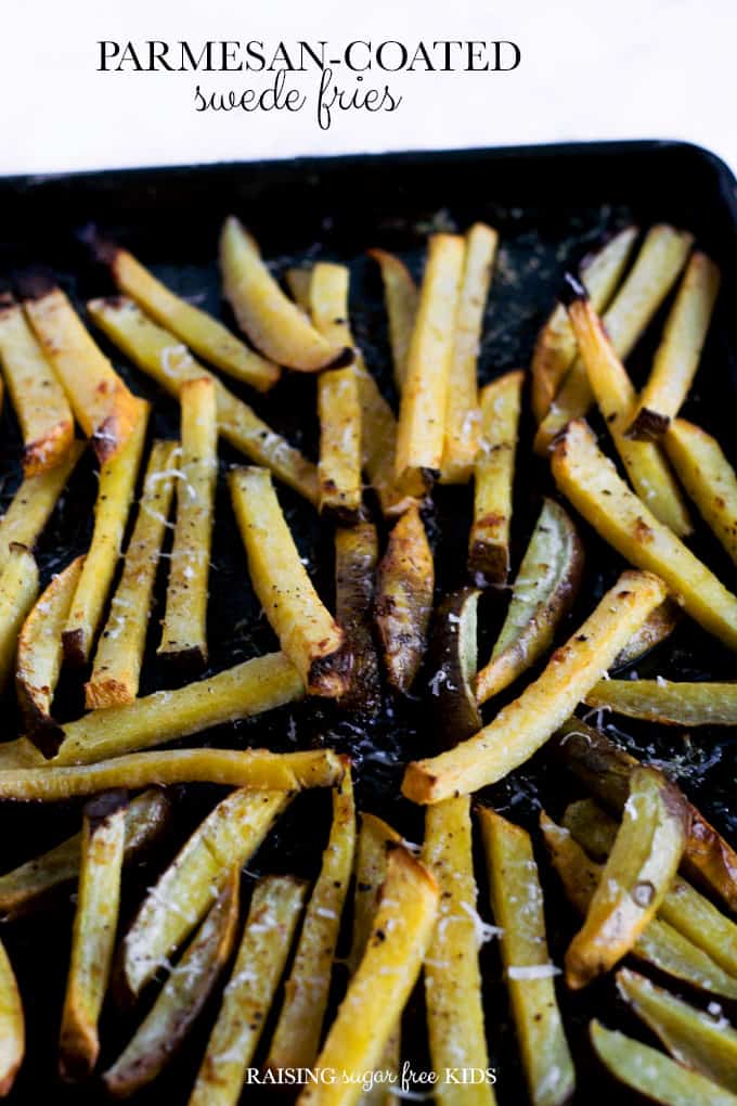 Parmesan-Coated Swede (Rutabaga) Fries | Raising Sugar Free Kids - these fries are naturally sweet, cheesy and delicious! A perfect side dish for pretty much anything, low carb, and with loads more flavour than standard potato fries! #sugarfree #lowcarb