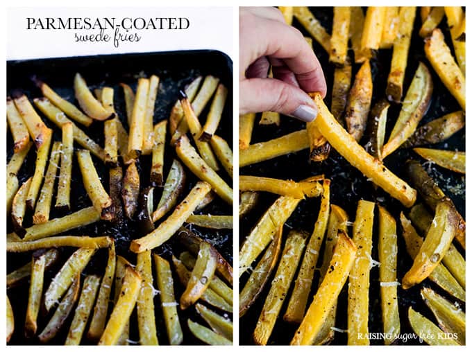 Parmesan-Coated Swede (Rutabaga) Fries | Raising Sugar Free Kids - these fries are naturally sweet, cheesy and delicious! A perfect side dish for pretty much anything, low carb, and with loads more flavour than standard potato fries! #sugarfree #lowcarb 