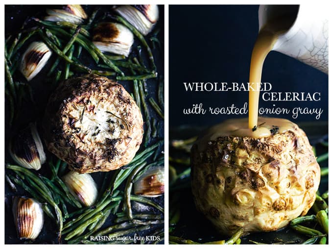 Whole-Baked Celeriac (Celery Root) with Roasted Onion Gravy | Raising Sugar Free Kids - this vegan roast dinner is indulgent, sweet, smoky and completely delicious! It makes a nice low-maintenance weekend meal, but also looks and tastes "showstopperish" enough to be an Easter main. Low carb, gluten free, paleo, vegan and generally delish! :) #sugarfree #lowcarb #paleo #glutenfree #vegan