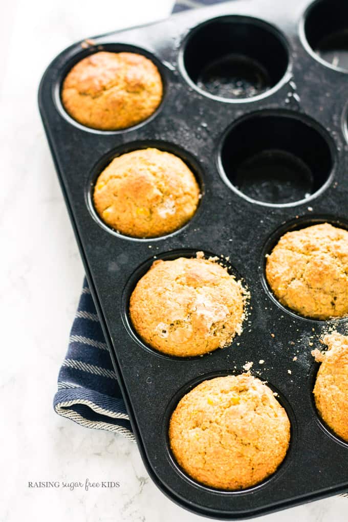Sugar Free Cornbread Muffins | Raising Sugar Free Kids - these delicious and super simple cornbread muffins are sugar free, sweet, soft and yummy! They are easy to batch prep and freeze so they can be made at a moment's notice. #sugarfree 
