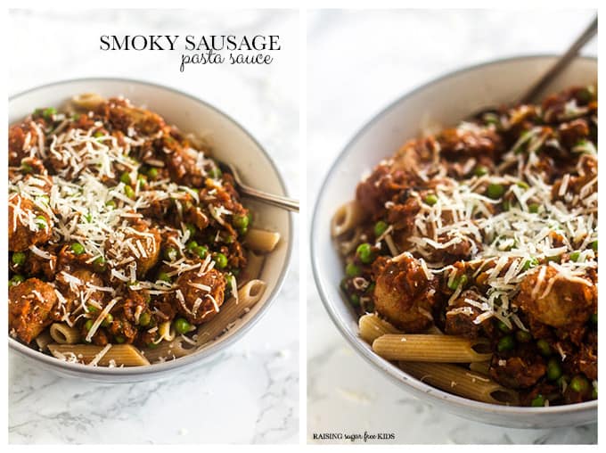 Smoky Sausage Pasta Sauce | Raising Sugar Free Kids - a delicious smoky sausage pasta sauce recipe that is packed with vegetables and ready in no time. Slow cooker option, minimal prep, sugar free and really really easy to make. A perfect dinner for a busy family day. #sugarfree #vegpower 