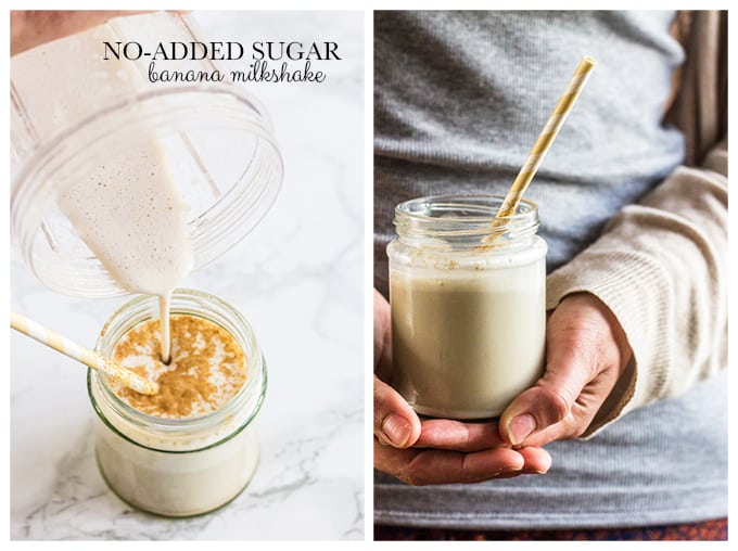 No Added Sugar Banana Milkshake - a super easy, no-added sugar 3-ingredient banana milkshake that is delicious, frothy, creamy and delicious! Easily made vegan and really cheap to make. #glutenfree #sugarfree #vegan 