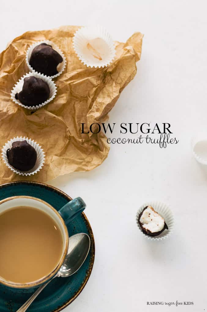 Low Sugar Coconut Truffles | Raising Sugar Free Kids - these super simple coconut truffles are extremely low in sugar, gluten & dairy free, and a perfect quick filling snack. Rich and delicious. #sugarfree #lowcarb #glutenfree #vegan
