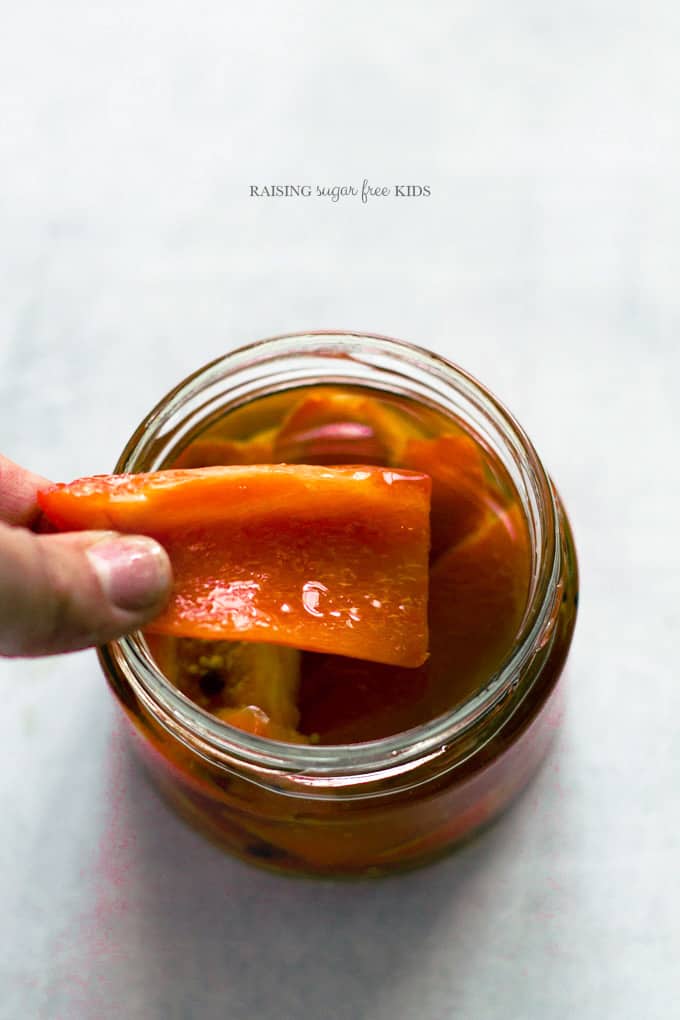 Homemade Jarred Red Peppers | Raising Sugar Free Kids - vegetable oil, sugar, gluten and dairy free, these homemade jarred red peppers are healthier and far far cheaper than the shop-bought version, and are an amazing shortcut ingredient to have on hand for quick lunches and dinners. Vegan, low carb and paleo. #sugarfree #vegan #glutenfree