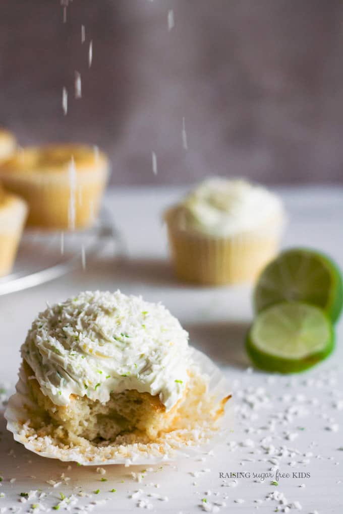 Sugar Free Lime Cupcakes | Raising Sugar Free Kids - these delicious fluffy citrussy sweet cupcakes are sugar free and include a dairy and gluten free option. They are a perfect way to show that free from treats can be 100% delicious. Made in 30 mins with minimal effort and a cream cheese or dairy free icing option. #sugarfree #glutenfree #dairyfree 