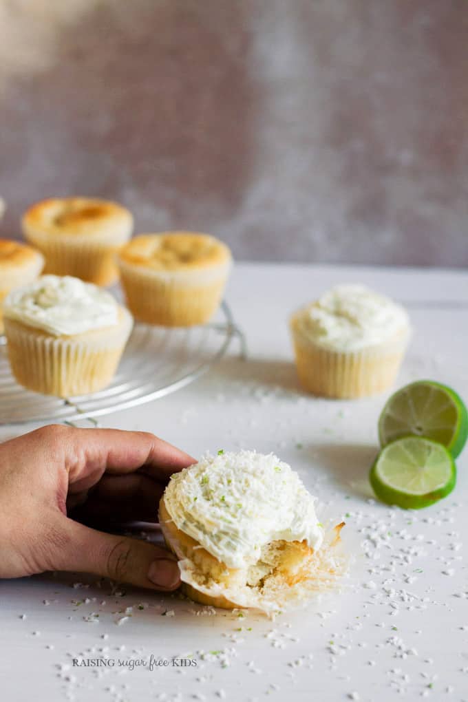 Sugar Free Lime Cupcakes | Raising Sugar Free Kids - these delicious fluffy citrussy sweet cupcakes are sugar free and include a dairy and gluten free option. They are a perfect way to show that free from treats can be 100% delicious. Made in 30 mins with minimal effort and a cream cheese or dairy free icing option. #sugarfree #glutenfree #dairyfree 