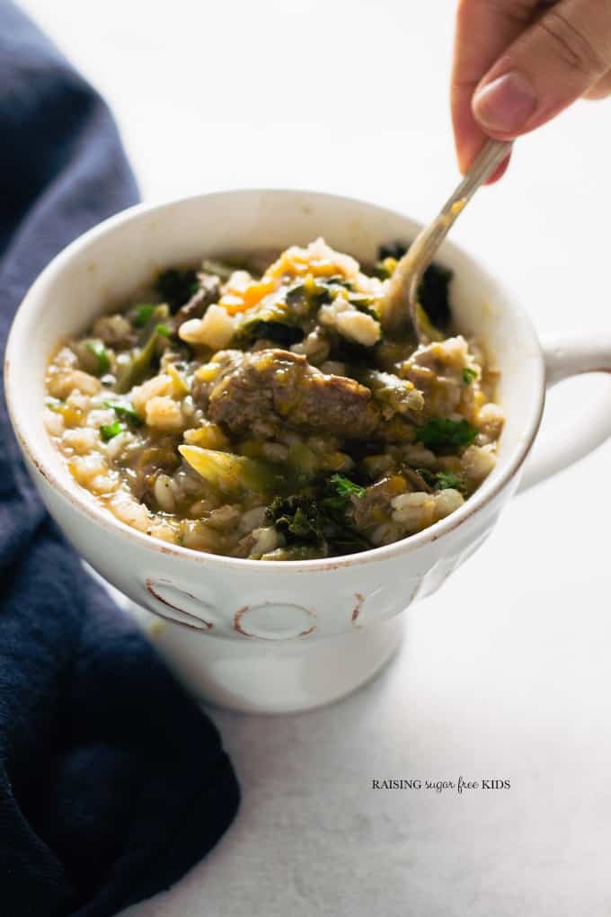 Slow Cooker Beef & Barley Soup | Raising Sugar Free Kids - comfort food at its best. Meaty, hearty, filling and healthy, too. Dairy free, sugar free. Gluten free option. #comfortfood #sugarfree