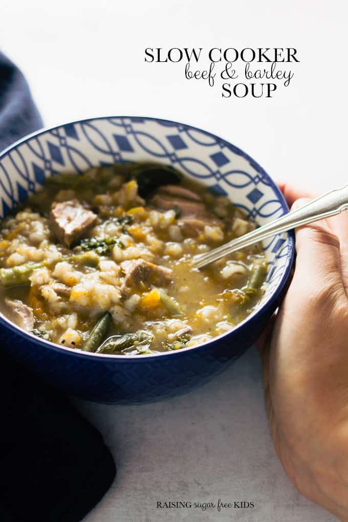 Slow Cooker Beef & Barley Soup | Raising Sugar Free Kids - comfort food at its best. Meaty, hearty, filling and healthy, too. Dairy free, sugar free. Gluten free option. #comfortfood #sugarfree