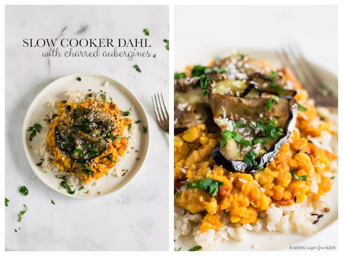 Slow Cooker Dahl with Charred Aubergines | Raising Sugar Free Kids - this delicious vegan dinner is dirt cheap but high in flavour. It takes 5 mins prep before cooking for you in the slow cooker (there are also stovetop instructions). #sugarfree #glutenfree #budget #vegan 