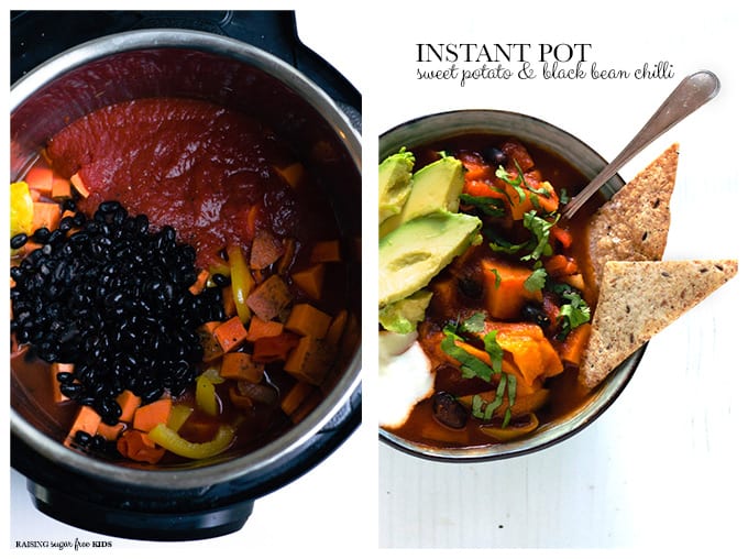 Instant Pot Sweet Potato & Black Bean Chilli | Raising Sugar Free Kids - a 5 minute pantry dinner that is delicious, warming and packed with goodness. Vegan, gluten free and sugar free, this chilli is a great chilly evening weeknight dinner. #vegan #fall #halloween #bonfirenight 