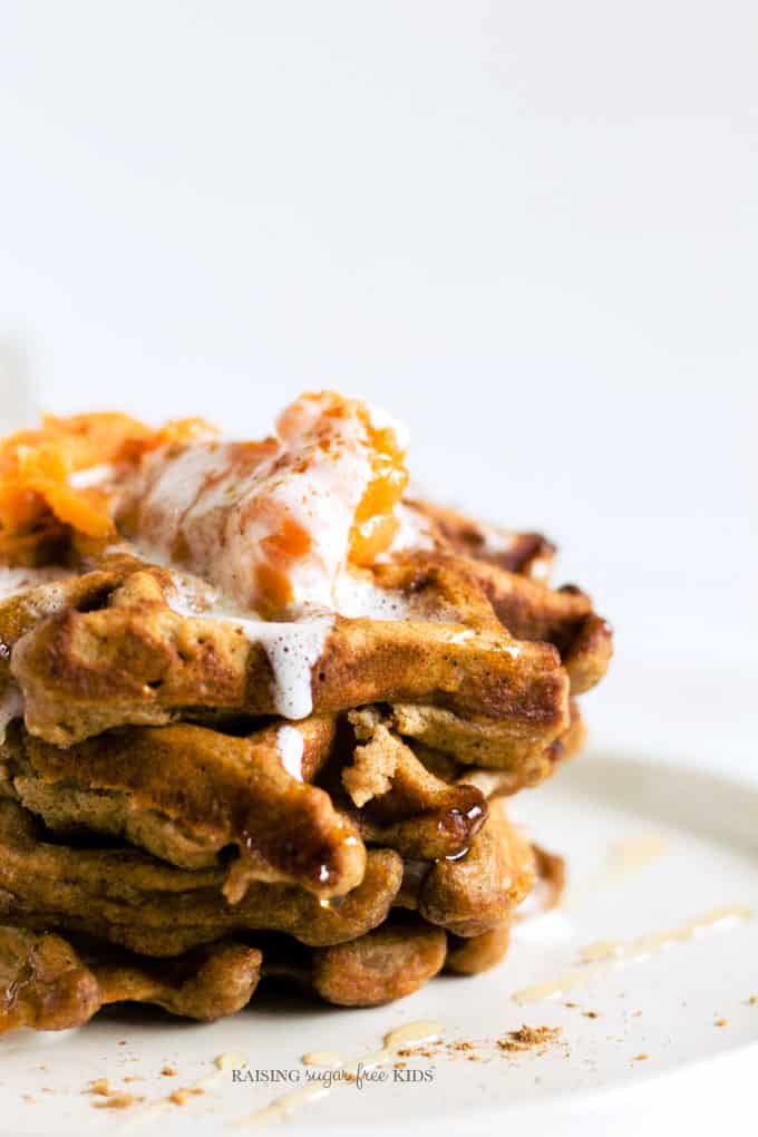 Sugar Free Pumpkin Spice Waffles (Gluten & Dairy Free) | Raising Sugar Free Kids - delicious, warming, comfort food breakfast packed with autumnal flavours and super soft and fluffy to eat. Sugar, dairy and gluten free. Great for Halloween, Bonfire Night or Thanksgiving this year. #sugarfree #glutenfree #halloween 