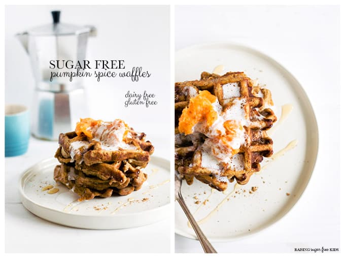 Sugar Free Pumpkin Spice Waffles (Gluten & Dairy Free) | Raising Sugar Free Kids - delicious, warming, comfort food breakfast packed with autumnal flavours and super soft and fluffy to eat. Sugar, dairy and gluten free. Great for Halloween, Bonfire Night or Thanksgiving this year. #sugarfree #glutenfree #halloween 