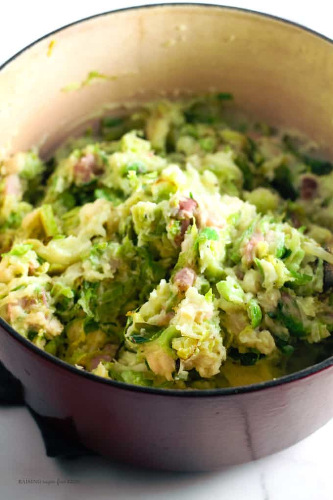 Bacon & Sprout Colcannon (Gluten & Dairy Free) | Raising Sugar Free Kids - delicious comfort food at its best. This colcannon is creamy and filling, but nutritious, heavy on the veg, and with dairy free options. It is a great way to get some of the amazing goodness of sprouts into the family. A cheap, simple winter family dinner. #glutenfree #dairyfree #sugarfree 