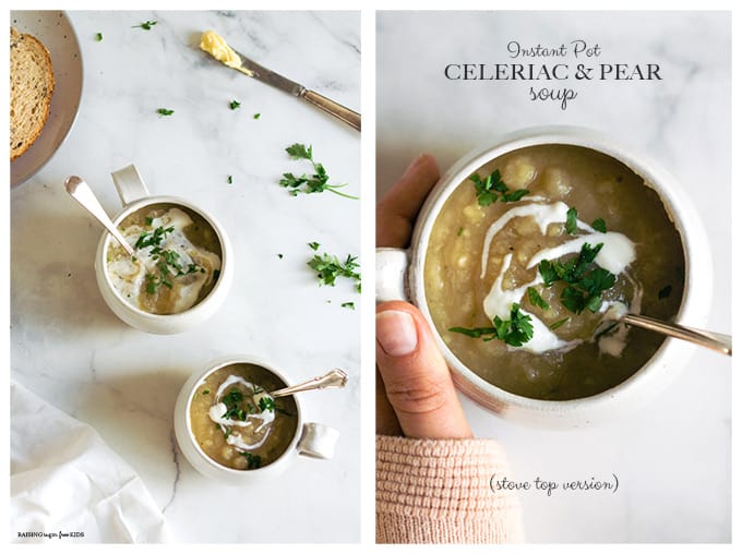Instant Pot Celeriac (Celery Root) & Pear Soup | Raising Sugar Free Kids - a delicious, nutty winter soup that is made from just a few simple, seasonal ingredients. Made in no time in the Instant Pot, with a stove top version for anyone who doesn't have one. #sugarfree #vegan #glutenfree 