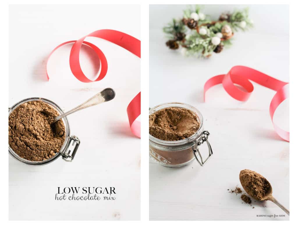 Low Sugar Hot Chocolate Mix (+ Salted Caramel Hot Chocolate) | Raising Sugar Free Kids - a super simple but delicious hot chocolate mix, which takes 30 seconds but makes 12 serves. Vegan, gluten free and super low in sugar, this mix makes a great Christmas gift, or just an easy treat to keep in your house for family and guests over Christmas. #sugarfree #glutenfree #vegan #christmas 