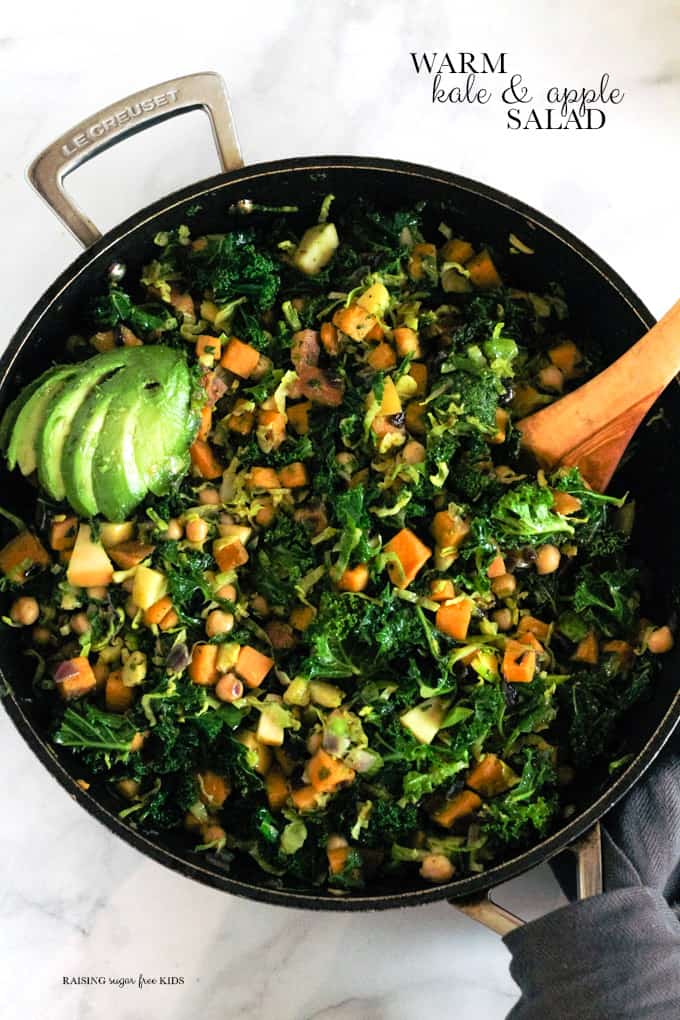 Warm Kale & Apple Salad | Raising Sugar Free Kids - a warm, satisfying and comforting bowl of goodness that is far from what we usually call "salad". Vegan, sugar and gluten free, delicious, and very healthy. #sugarfree #sugarfreejanuary #glutenfree #vegan #veganuary 