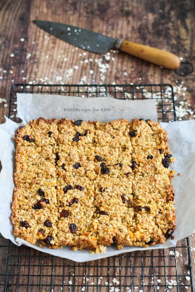 Low Sugar Carrot Cake Flapjacks | Raising Sugar Free Kids - sweet, chewy and crumbly, naturally sweet and delicious, these flapjacks make a yummy family snack. #sugarfree #glutenfree