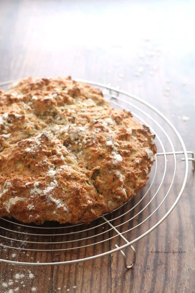 Courgette Spelt Soda Bread | Raising Sugar Free Kids - as easy as bread gets, this simple spelt soda bread recipe is sugar free, wholegrain, quick to make, and even contains some veg in the form of grated zucchini. Flecked with green courgette (you can't taste), it's just as great for St Patrick's Day as it is every day of the year! #sugarfree #stpatricksday #green #vegpower