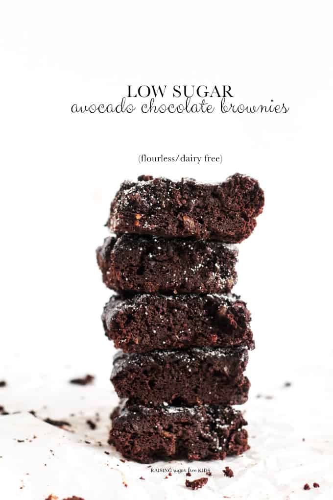 Low Sugar Avocado Chocolate Brownies | Raising Sugar Free Kids - these low sugar, low carb, gluten & dairy free flourless brownies have a secret, more virtuous ingredient: avocado. It may sound gross, but it tastes amazing! These brownies are extra fudgy, very rich, and super satisfying. #sugarfree #dairyfree #glutenfree #lowcarb 