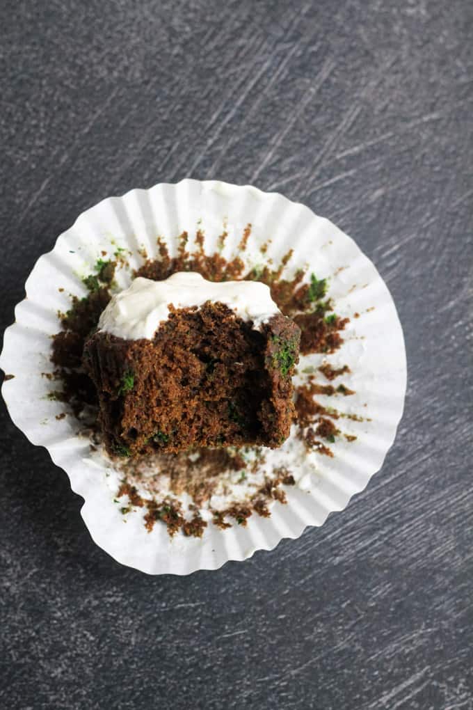 Sugar Free Chocolate Spinach Cupcakes | Raising Sugar Free Kids - a yummy chocolate cupcake recipe that just happens to be sugar free and contain leafy greens! These 12 cupcakes are made with 4 cups of fresh spinach (5 if you use some for the icing) but you just cannot taste it. Perfect for St Patrick's Day or any chocolate treat. #sugarfree #stpatricksday #green #spinach #vegpower