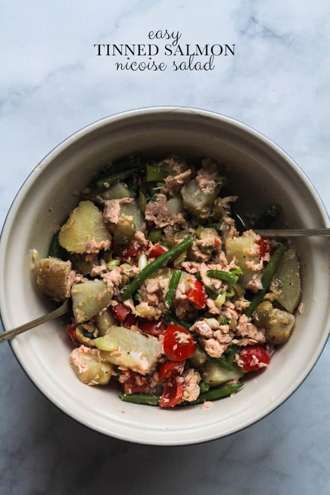 Easy Tinned Salmon Nicoise Salad | Raising Sugar Free Kids - an easy springtime salad that is cheap, filling, healthy and delicious. Dairy, sugar and gluten free. #sugarfree #glutenfree #dairyfree #fish 