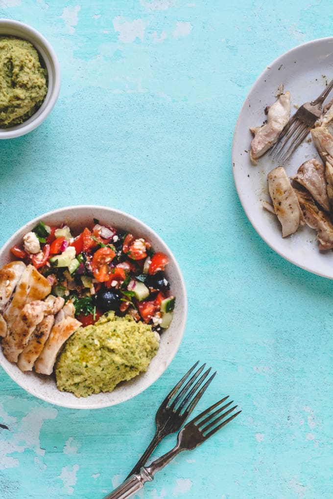 Greek Salad Hummus Chicken Bowls | Raising Sugar Free Kids - a delicious, salty, creamy springtime bowl of Greek-style goodness. This is an easy dairy, gluten and sugar free, low carb dinner for warmer days. #dairyfree #sugarfree #glutenfree #lowcarb 