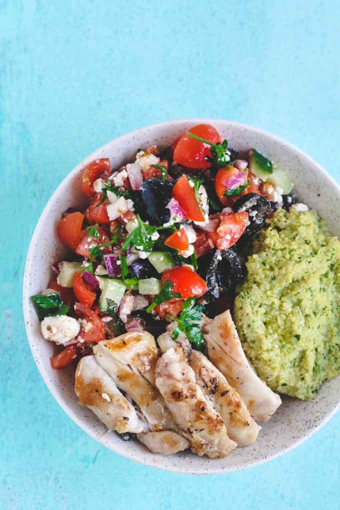 Greek Salad Hummus Chicken Bowls | Raising Sugar Free Kids - a delicious, salty, creamy springtime bowl of Greek-style goodness. This is an easy dairy, gluten and sugar free, low carb dinner for warmer days. #dairyfree #sugarfree #glutenfree #lowcarb