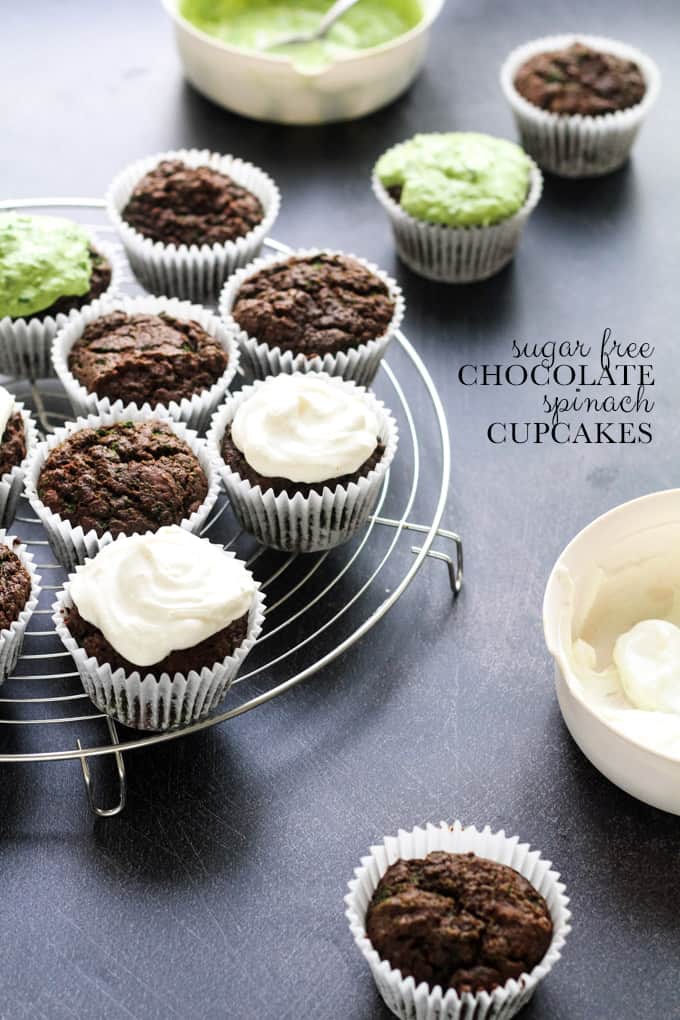 Sugar Free Chocolate Spinach Cupcakes | Raising Sugar Free Kids - a yummy chocolate cupcake recipe that just happens to be sugar free and contain leafy greens! These 12 cupcakes are made with 4 cups of fresh spinach (5 if you use some for the icing) but you just cannot taste it. Perfect for St Patrick's Day or any chocolate treat. #sugarfree #stpatricksday #green #spinach #vegpower 