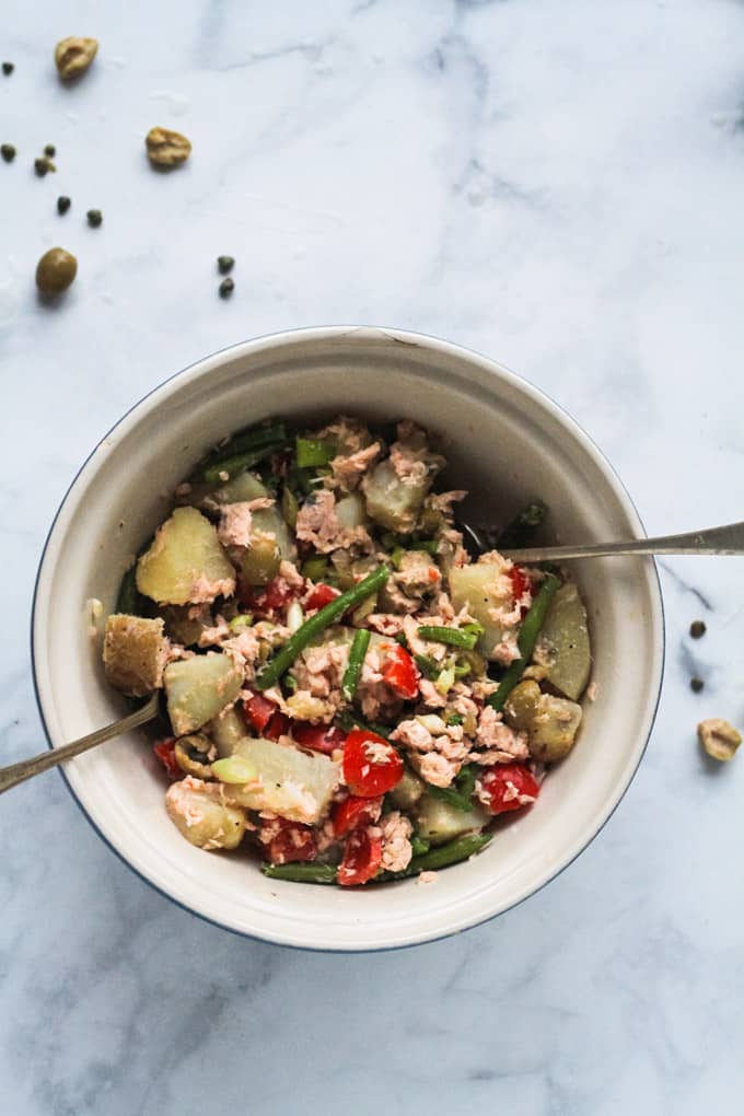 Easy Tinned Salmon Nicoise Salad | Raising Sugar Free Kids - an easy springtime salad that is cheap, filling, healthy and delicious. Dairy, sugar and gluten free. #sugarfree #glutenfree #dairyfree #fish