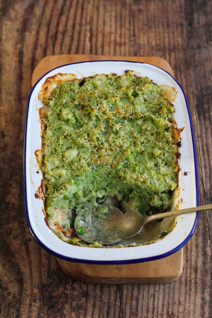 Veg-Packed Fish Pie | Raising Sugar Free Kids - a delicious comforting family dinner that has been lightened up and loaded with veg. Still tastes completely of fish pie, but contains 7 vegetables! Includes a yummy tested dairy free option. #sugarfree #dairyfree #veggieloaded