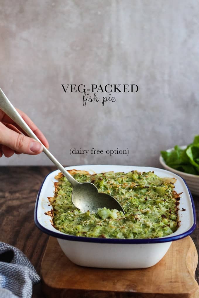 Veg-Packed Fish Pie | Raising Sugar Free Kids - a delicious comforting family dinner that has been lightened up and loaded with veg. Still tastes completely of fish pie, but contains 7 vegetables! Includes a yummy tested dairy free option. #sugarfree #dairyfree #veggieloaded 